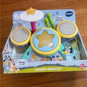 VTech Bluey Hooray Drum Set - Yellow, Blue & Green Kids Musical Toy